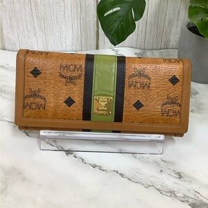 GUC MCM Cognac Leather Continental Wallet with Olive and Dark Brown Stripe